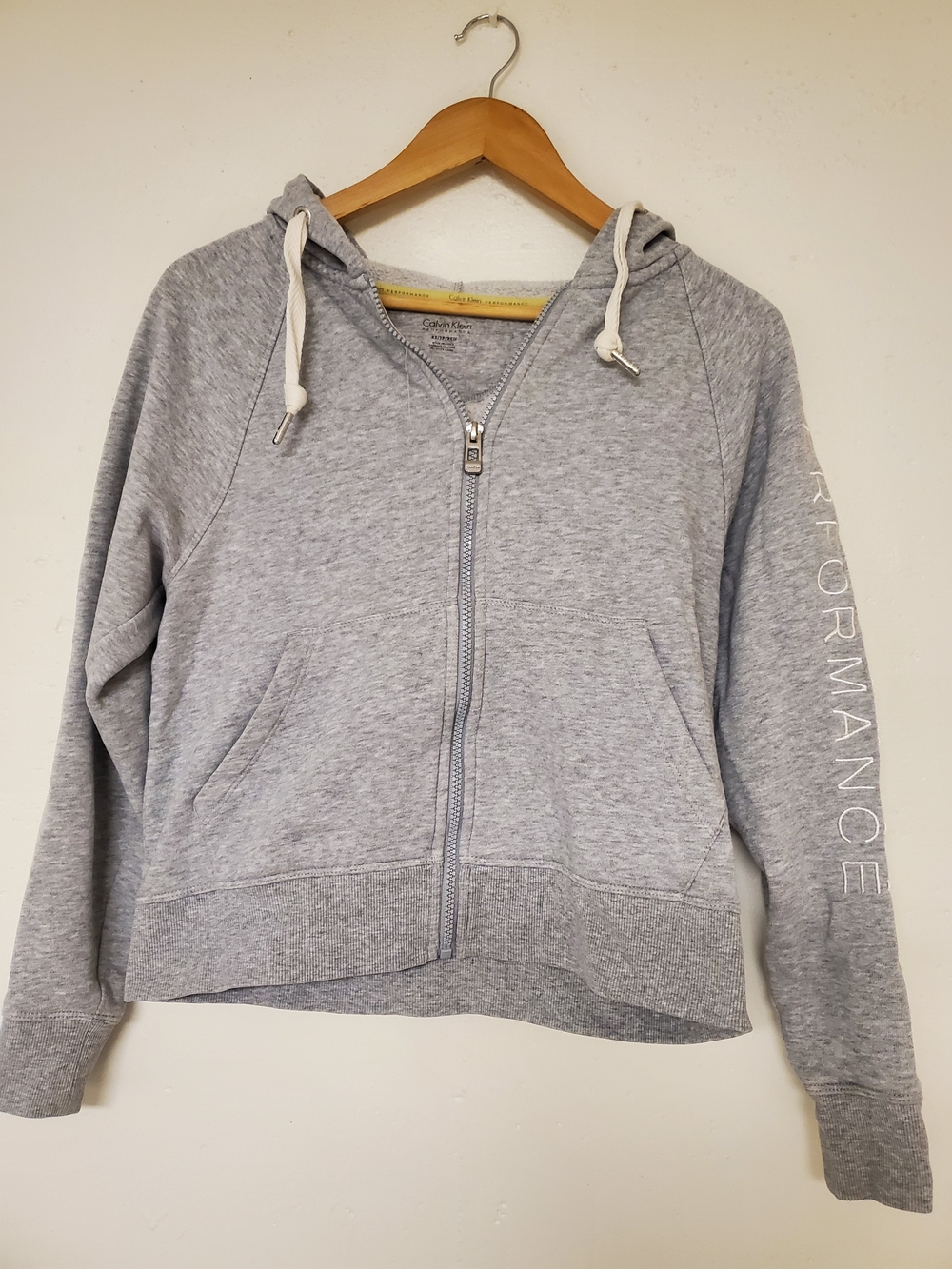Calvin Klein Heather Gray Cropped Zip Hoodie with Drawstrings